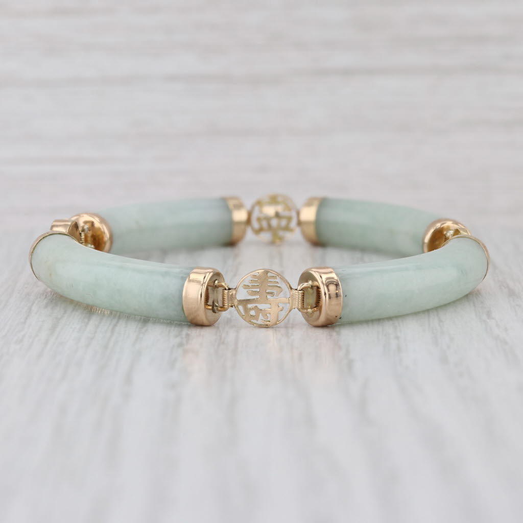 Jadeite Jade Tube Link Bracelet Chinese Character Bracelet 14k Yellow Gold 7"