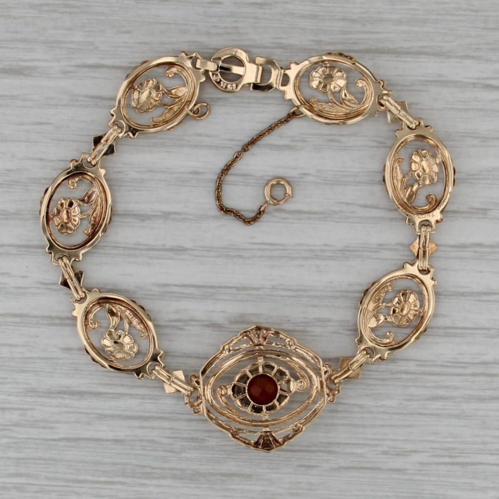 1ct Citrine Vintage Floral Bracelet 14k Yellow Gold 6.75" Oval Flower Links