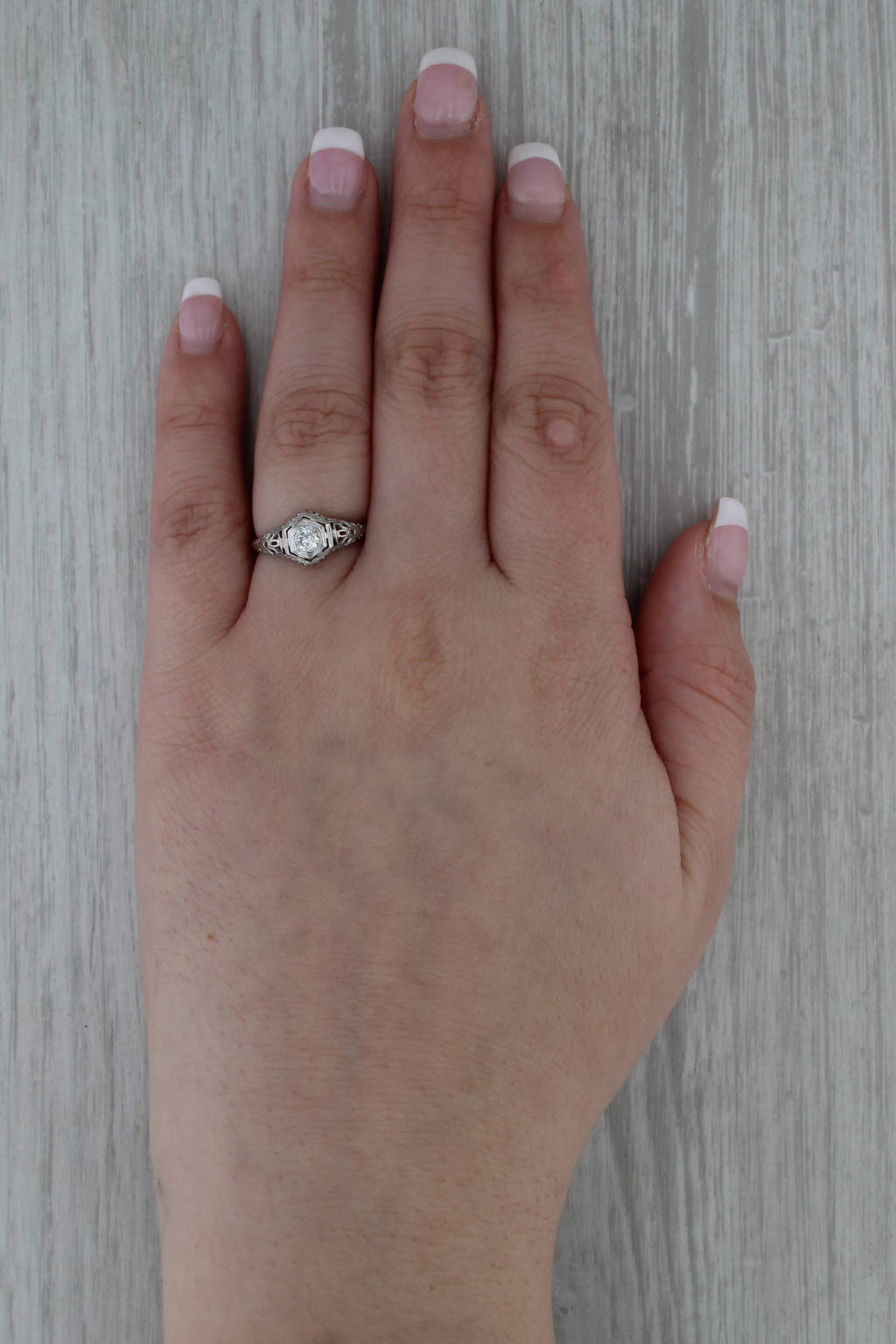 Art Deco 0.20ct Diamond Solitaire Engagement Ring 18k White Gold Filigree Sz 6.5