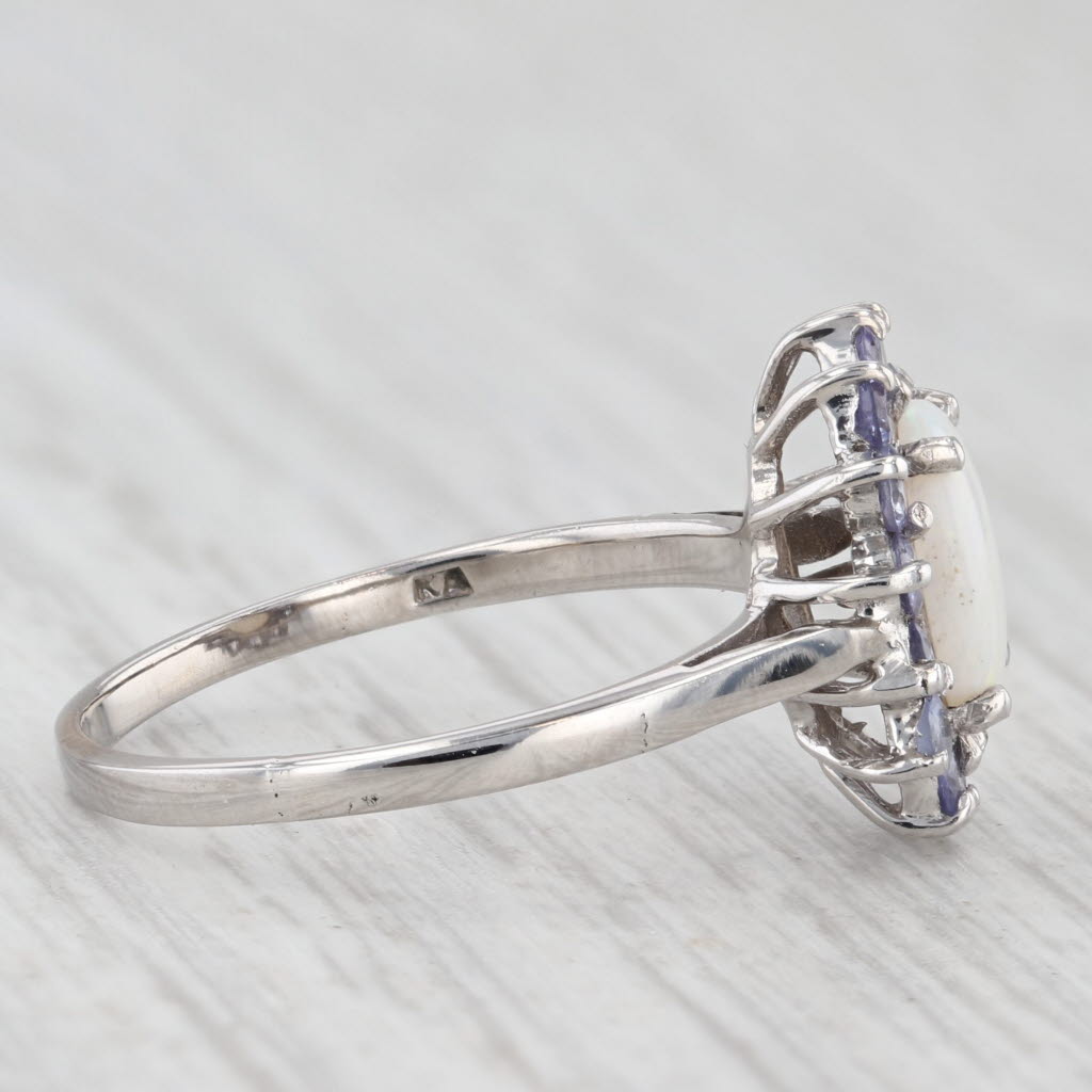 Light Gray Oval Opal Cabochon Tanzanite Halo Ring 14k White Gold Size 6.75