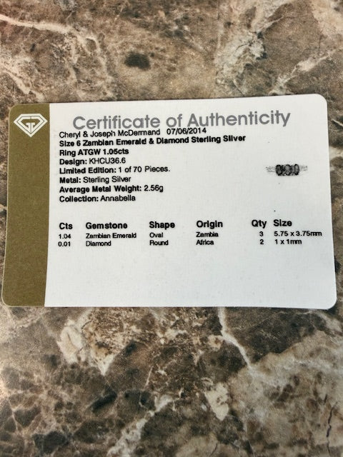 1.05ctw 3-Stone Emerald Ring Sterling Silver Diamond Accents Size 6 COA