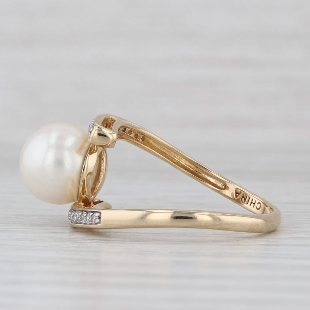 Cultured Pearl Diamond Bypass Ring 14k Yellow Gold Size 7