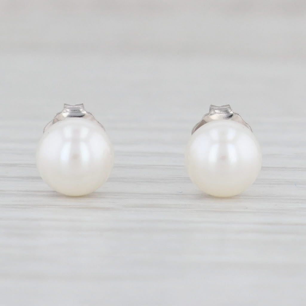 Light Gray New Cultured Pearl Stud Earrings 14k White Gold 6.5mm Round Bead Solitaires