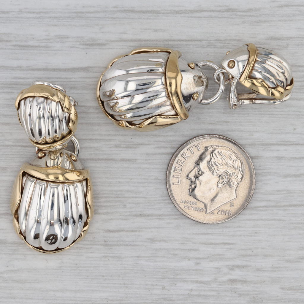 Gray Tiffany & Co Large & Small Scarab Earrings Sterling Silver 18k Gold Clip On Drop