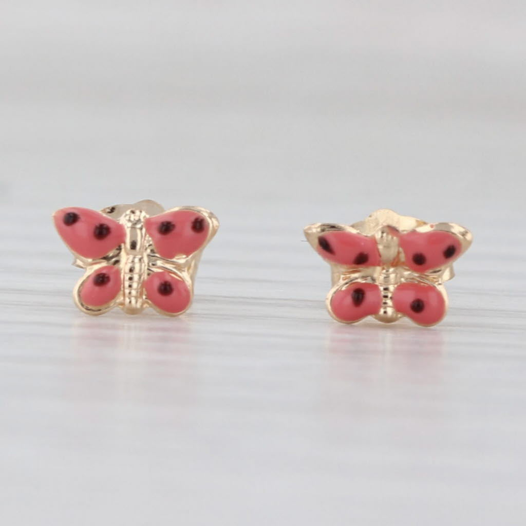 Little Butterfly Stud Earrings 14k Yellow Gold Pink Black Enamel Studs