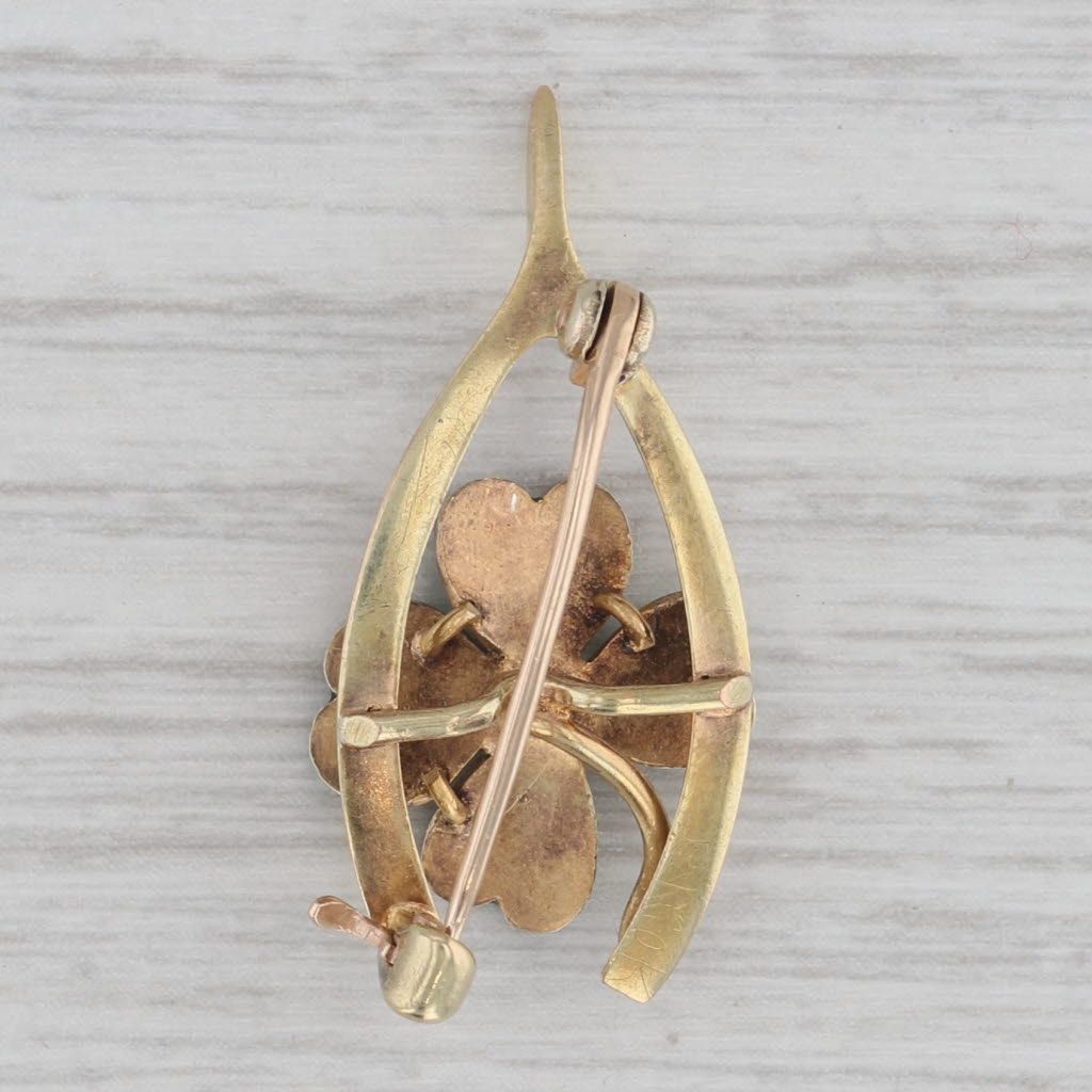 Gray Vintage Lucky Brooch Green Shamrock Diamond Wishbone Pin 14k Yellow Gold