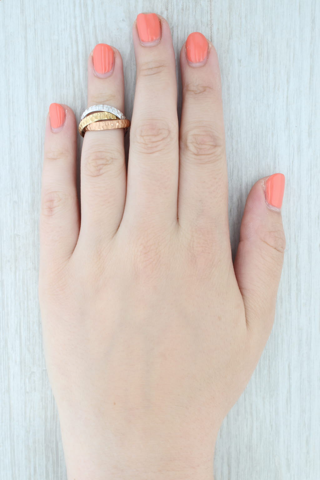 Light Gray Tri-Toned 3-Band Puzzle Ring 14k Yellow White Rose Gold Size 6 Hammered Finish