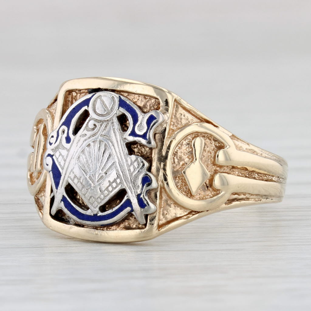 Light Gray Vintage Masonic Insignia Ring 14k Gold Blue Lodge Square Compass Working Tools