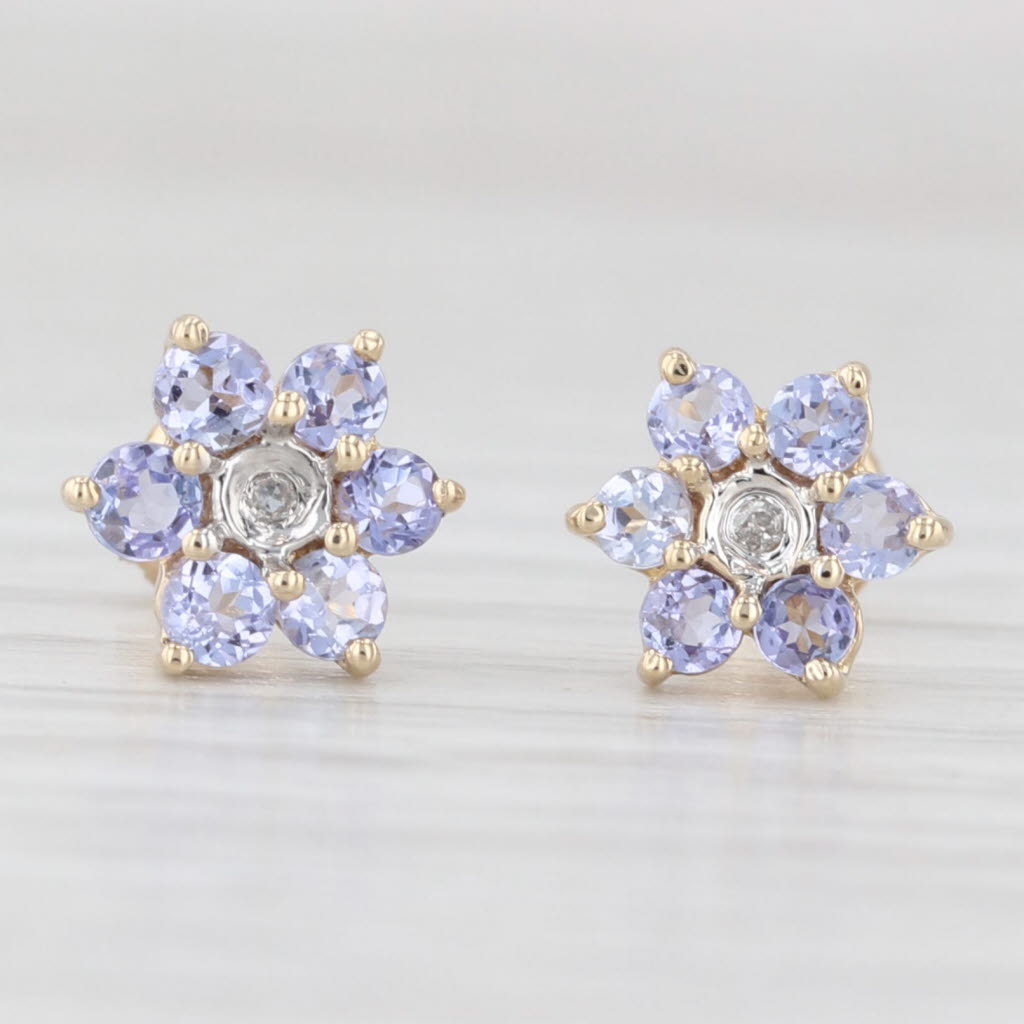 Light Gray 0.60ctw Tanzanite Diamond Flower Stud Earrings 10k Yellow Gold