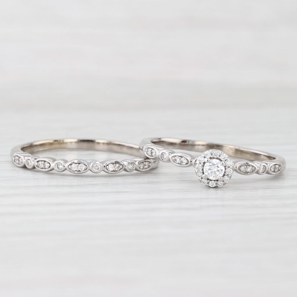 Light Gray 0.30ctw Diamond Halo Engagement Ring Wedding Band Bridal Set 14k White Gold