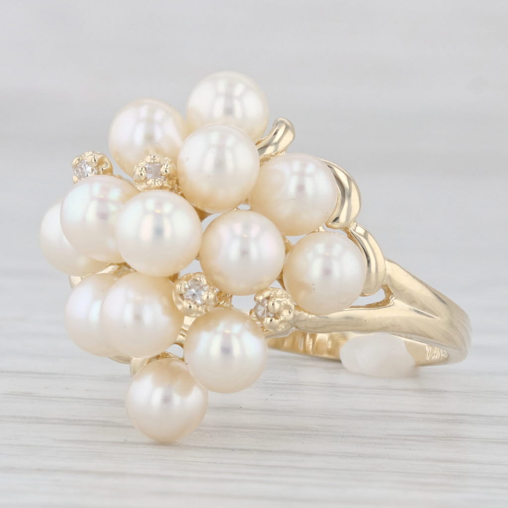 Light Gray Cultured Pearl Diamond Cluster Ring 14k Yellow Gold Size 9.25 Cocktail