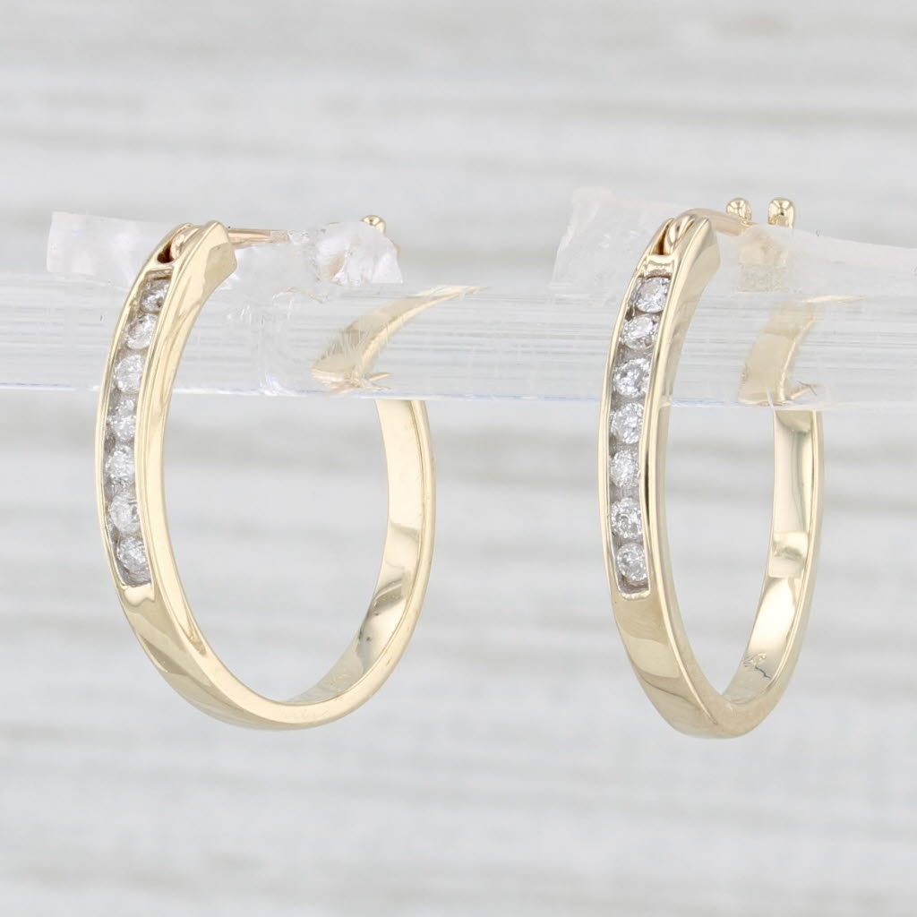 Light Gray Diamond Hoop Earrings 10k Yellow Gold Snap Top Round Hoops