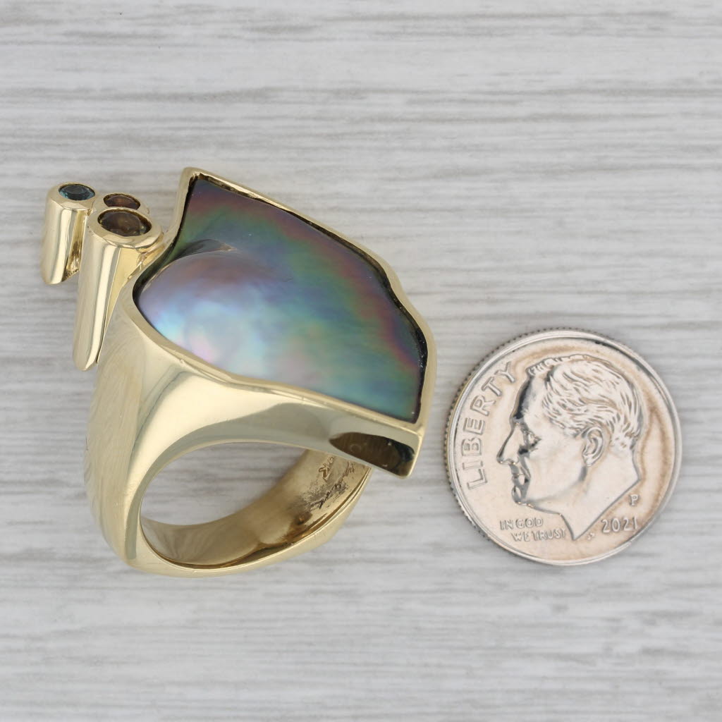Gray Mother of Pearl Zircon Statement Ring 18k Yellow Gold Size 7.75 Cocktail