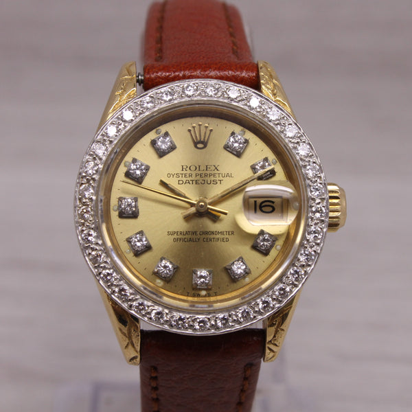 Rosy Brown Vintage 1985 Rolex Datejust 69178 Ladies President 18k Gold & Diamond Bezel Box