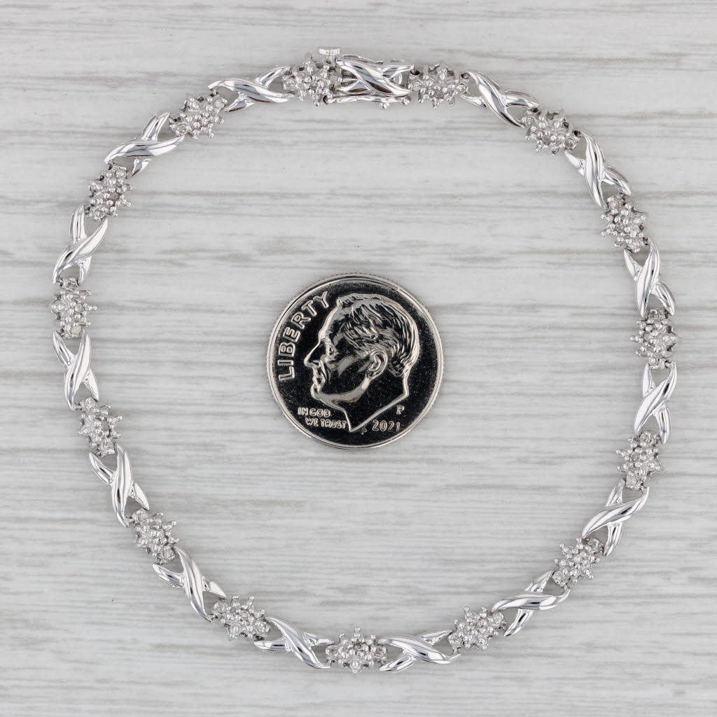 Gray 0.13ctw Diamond Cluster X Link Bracelet 10k White Gold 7" 5mm