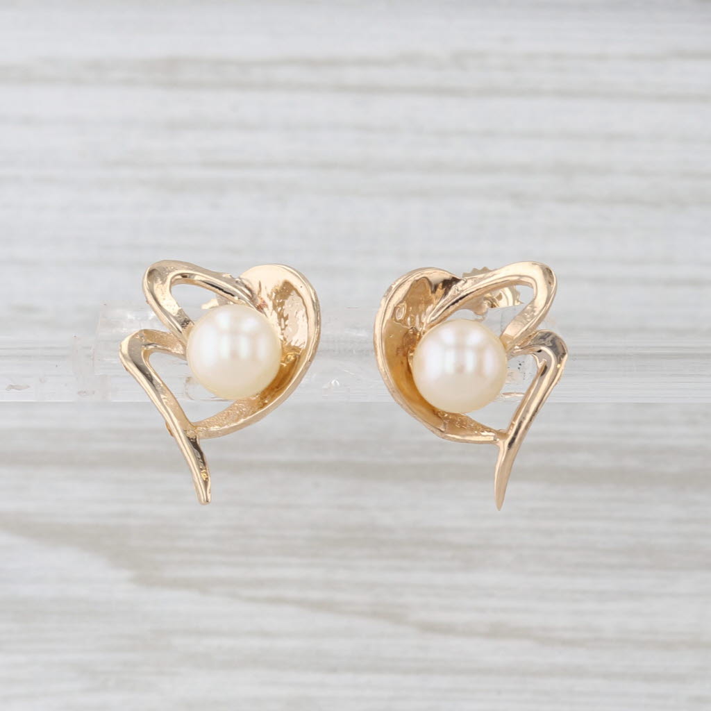 Cultured Pearl Stylized Heart Stud Earrings 14k Yellow Gold Studs