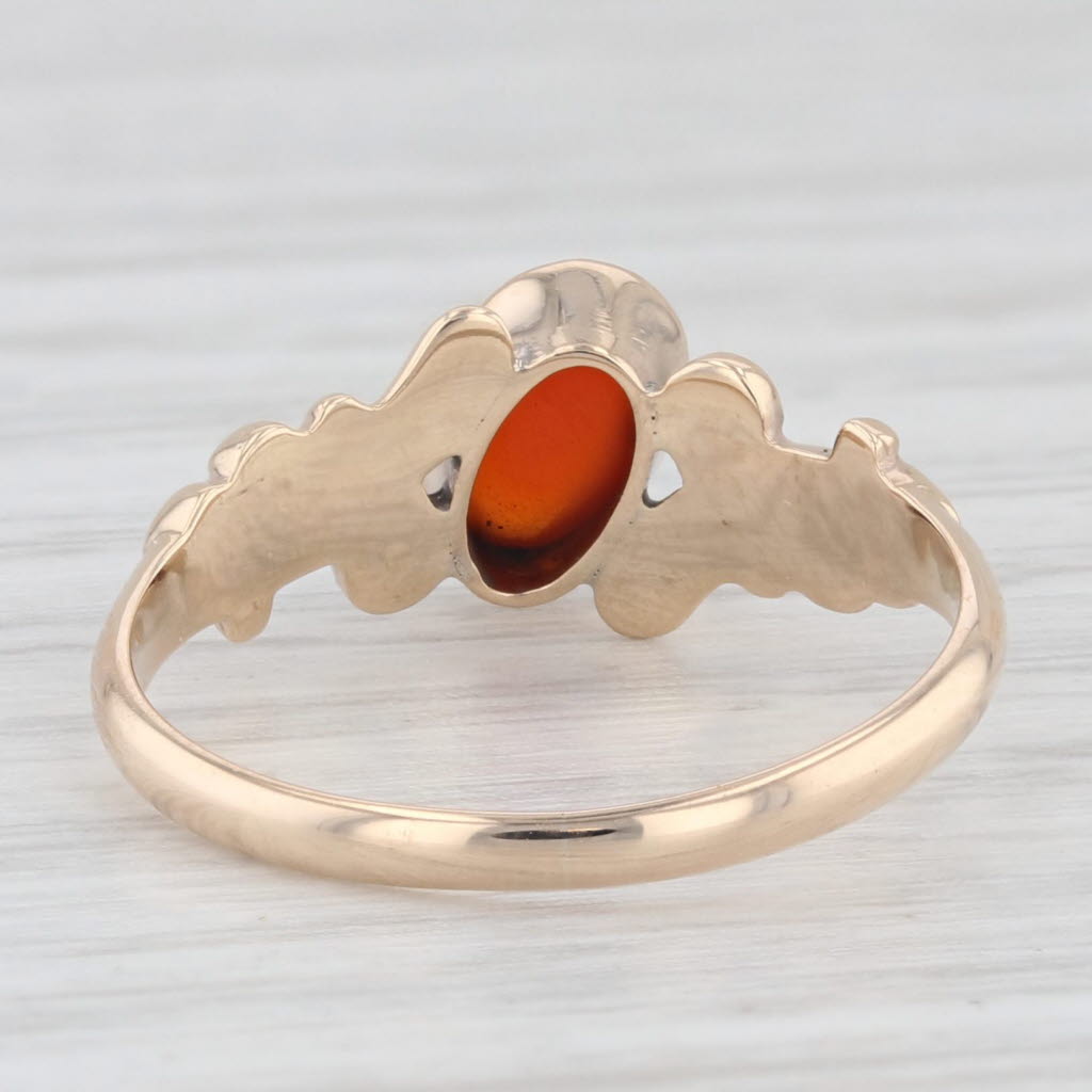 Light Gray Antique Oval Cabochon Red Carnelian Pearl 10k Yellow Gold Size 4.5 Ring