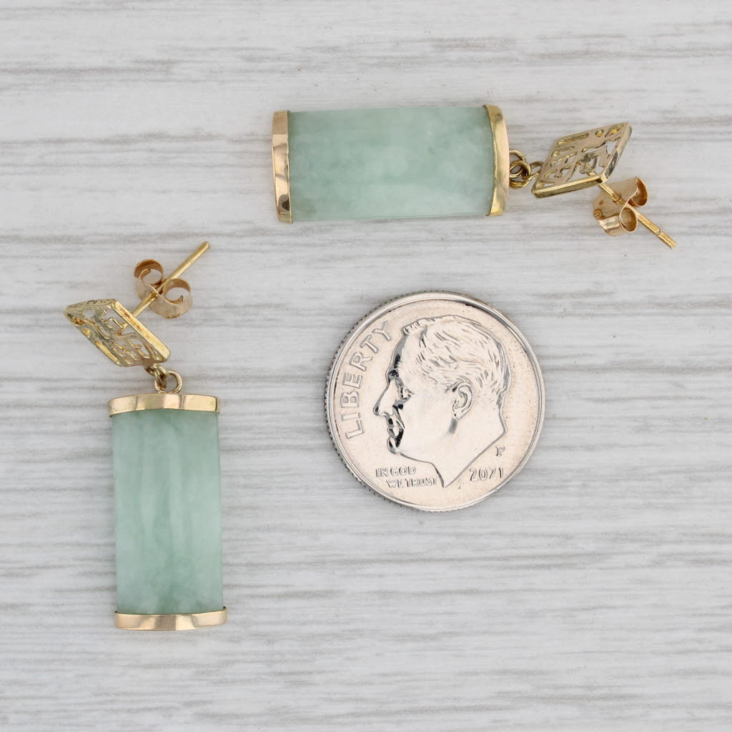 Gray Green Jadeite Jade Dangle Earrings 14k Yellow Gold Good Luck Chinese Calligraphy