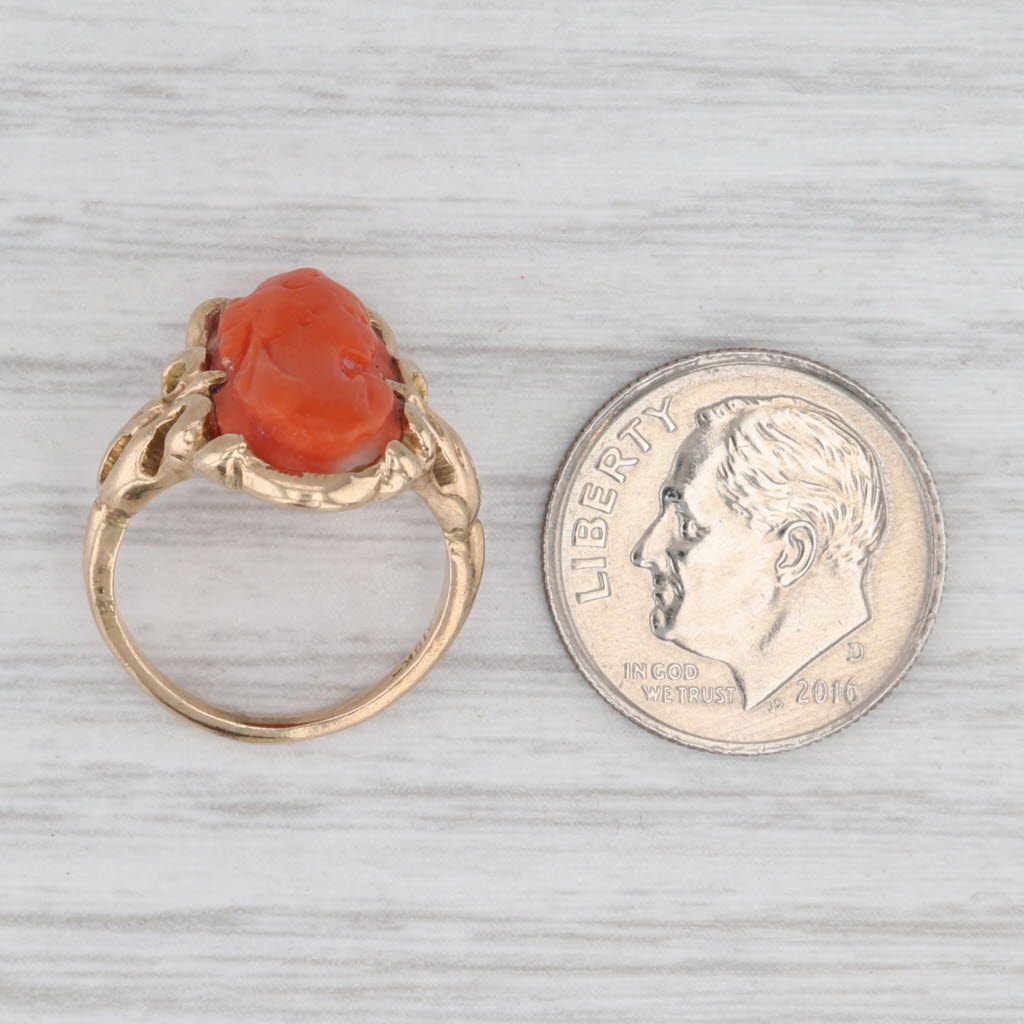 Light Gray Antique Carved Coral Cameo Ring 10k Yellow Gold Size 3.5