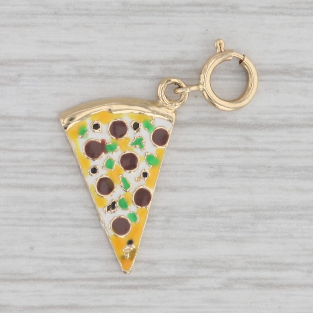 Gray Pizza Slice Charm 14k Yellow Gold Enamel Food Themed Pendant