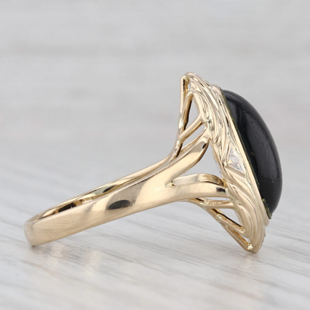 Light Gray Devitrified Glass Oval Cabochon Solitaire Ring 14k Yellow Gold Diamond Accents