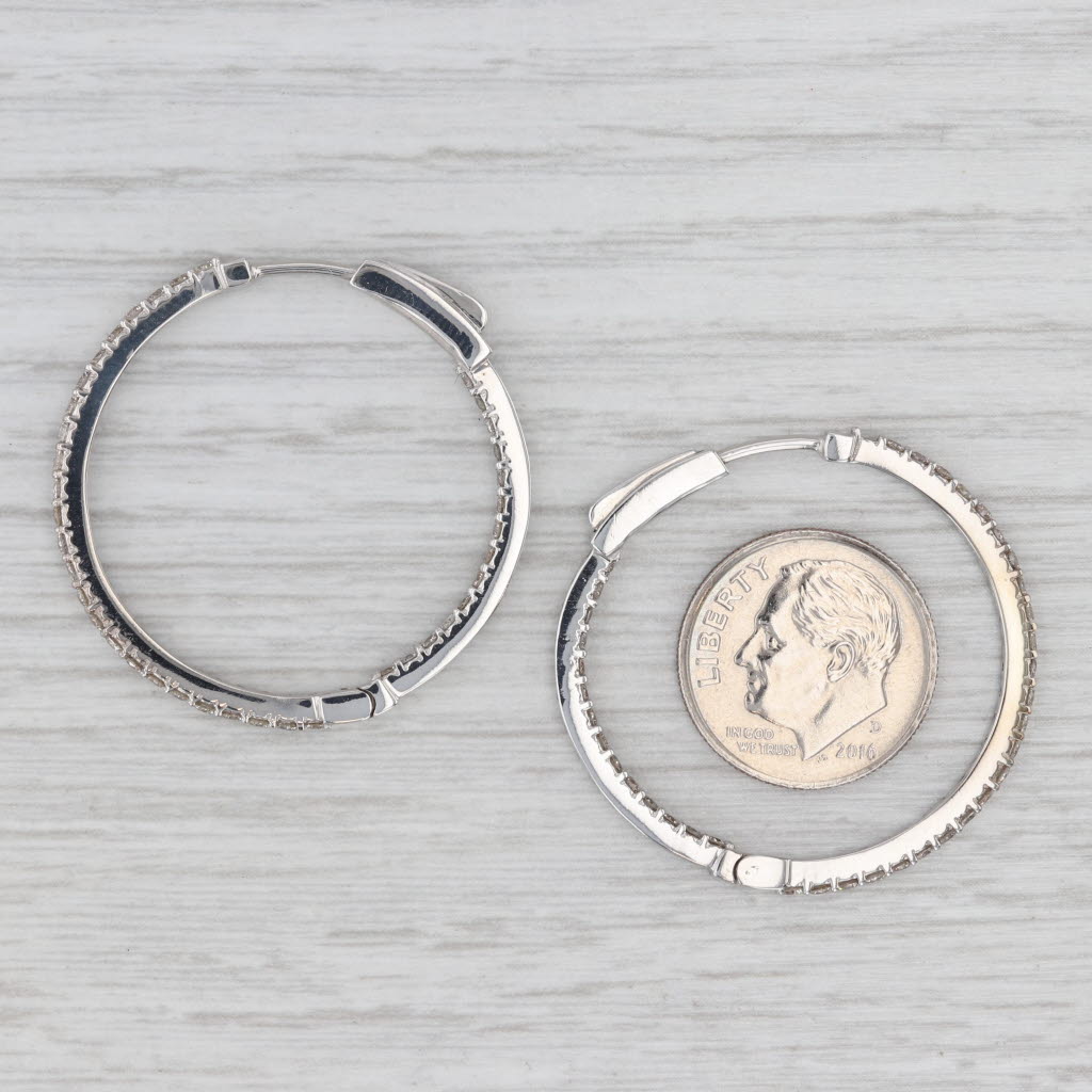 Light Gray 1.60ctw Diamond Inside Out Round Hoop Earrings 10k White Gold Hinged Snap Hoops