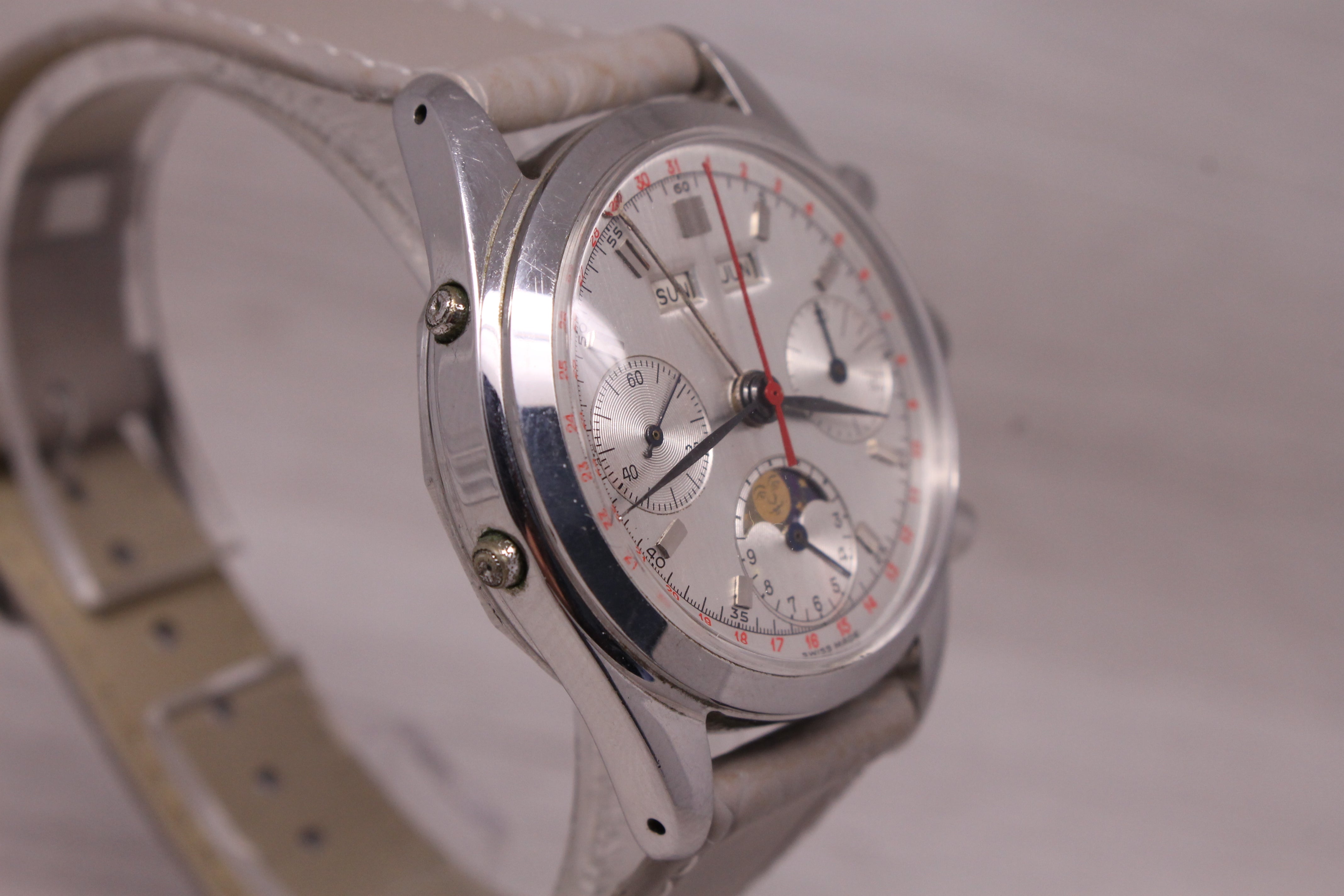 Slate Gray Vintage Valjoux 88 36mm Stainless Steel Triple Date Moonphase Chronograph Watch