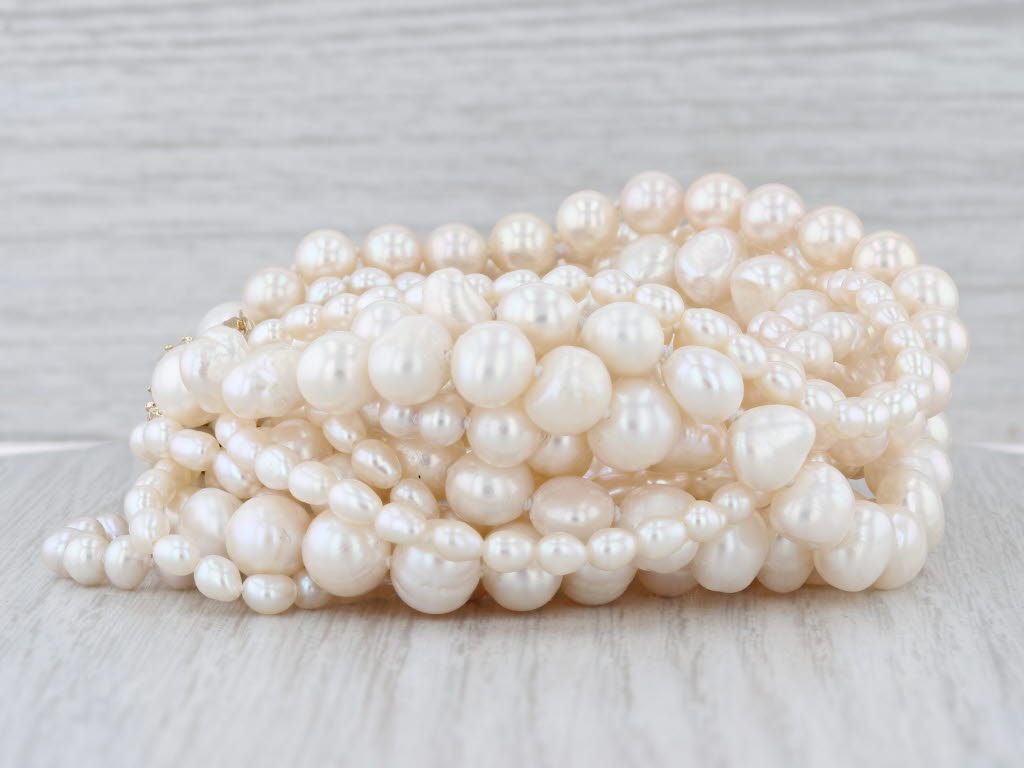 Vintage Multistrand Cultured Pearl Diamond Bracelet 14k Yellow Gold 9"