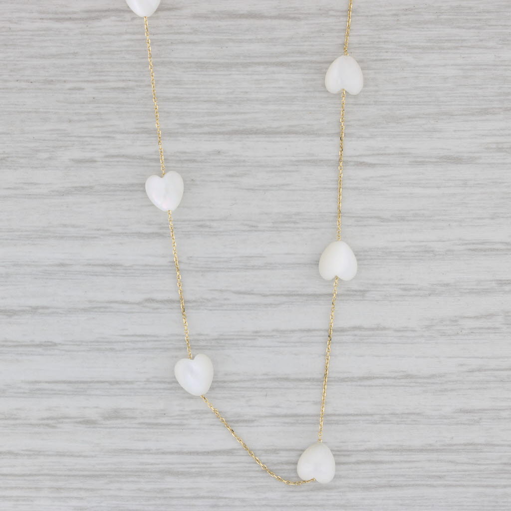 Gray Mother of Pearl Heart Stations Necklace 14k Yellow Gold 17.75" Cable Chain