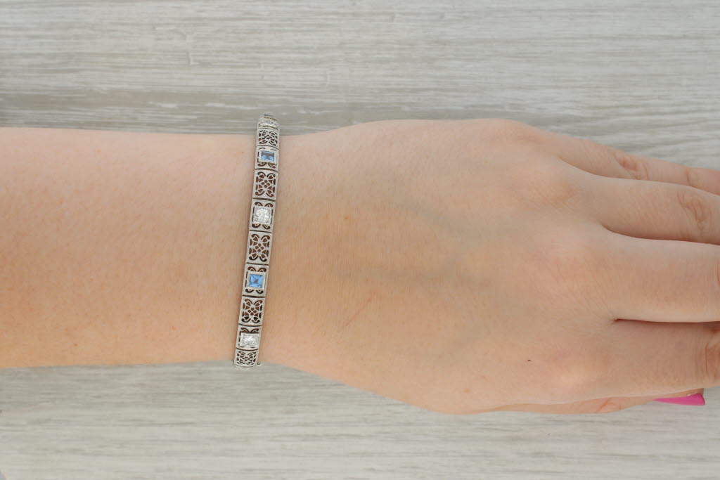 Rosy Brown Art Deco Filigree Lab Created Sapphire Diamond Bracelet 14k Gold Platinum
