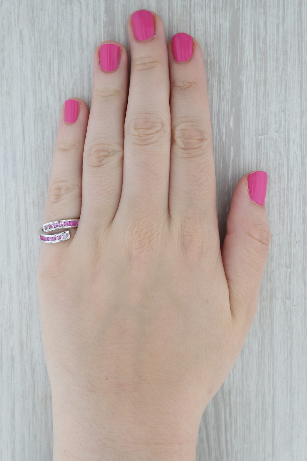 Dark Gray Shades of Pink Sapphire Bypass Ring 14k White Gold Size 7.25