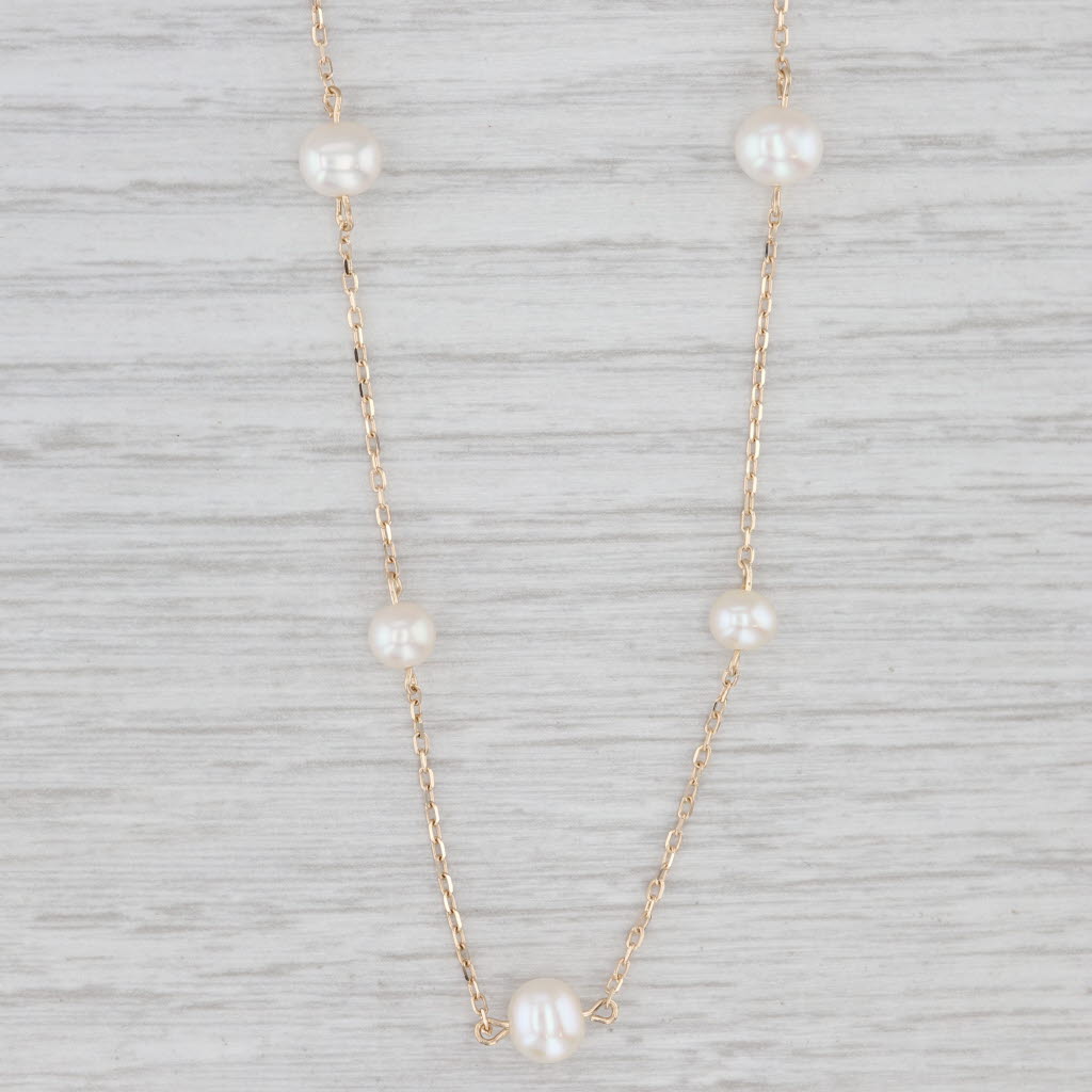 Light Gray Cultured Pearl Bead Station Necklace 14k Yellow Gold 17" Cable Chain