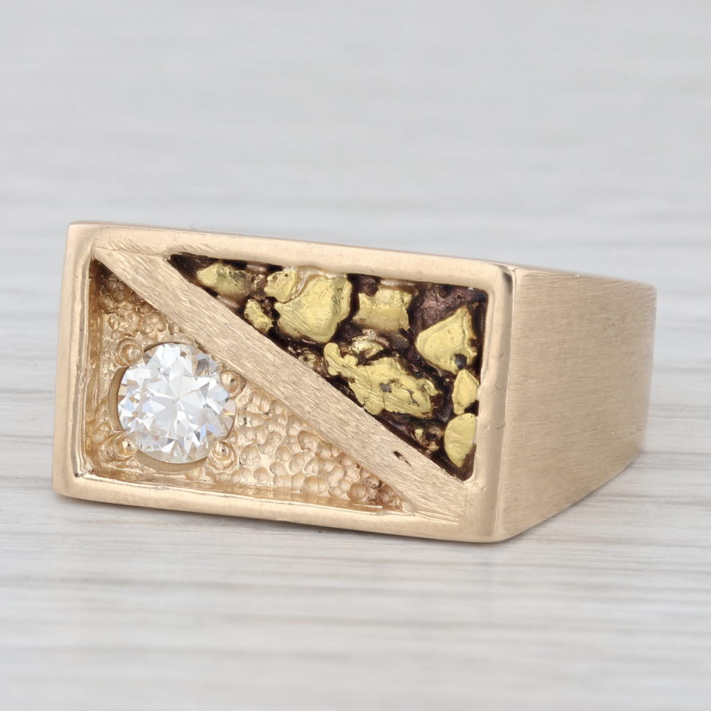 Light Gray Men's Diamond Solitaire Nugget Ring 14k 18k Yellow Gold Size 10