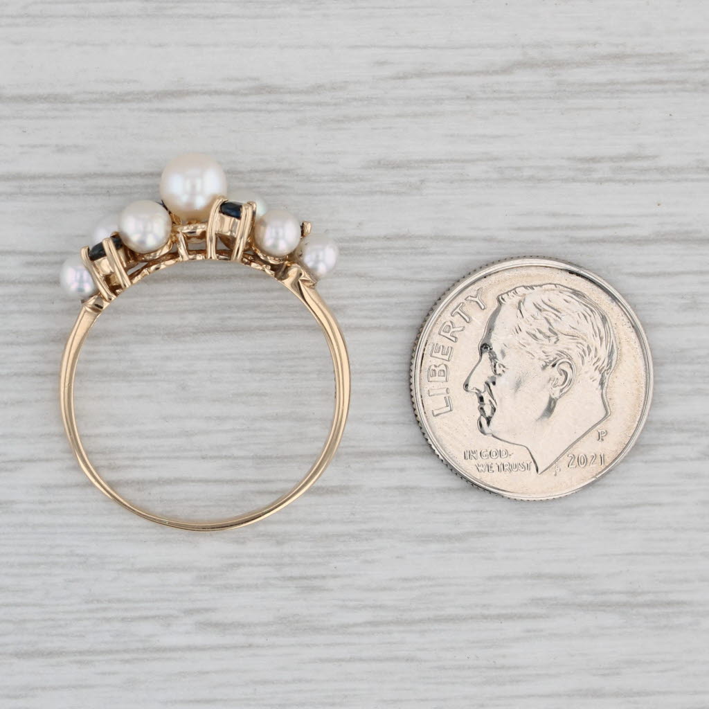 Gray Cultured Pearl Blue Sapphire Cluster Ring 14k Yellow Gold Size 9