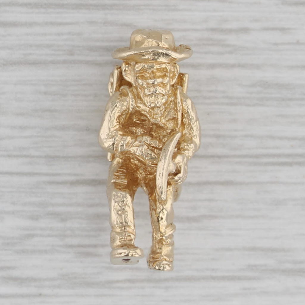 Gray Gold Miner Charm 14k Yellow Gold 3D Figural Old Prospector Pendant