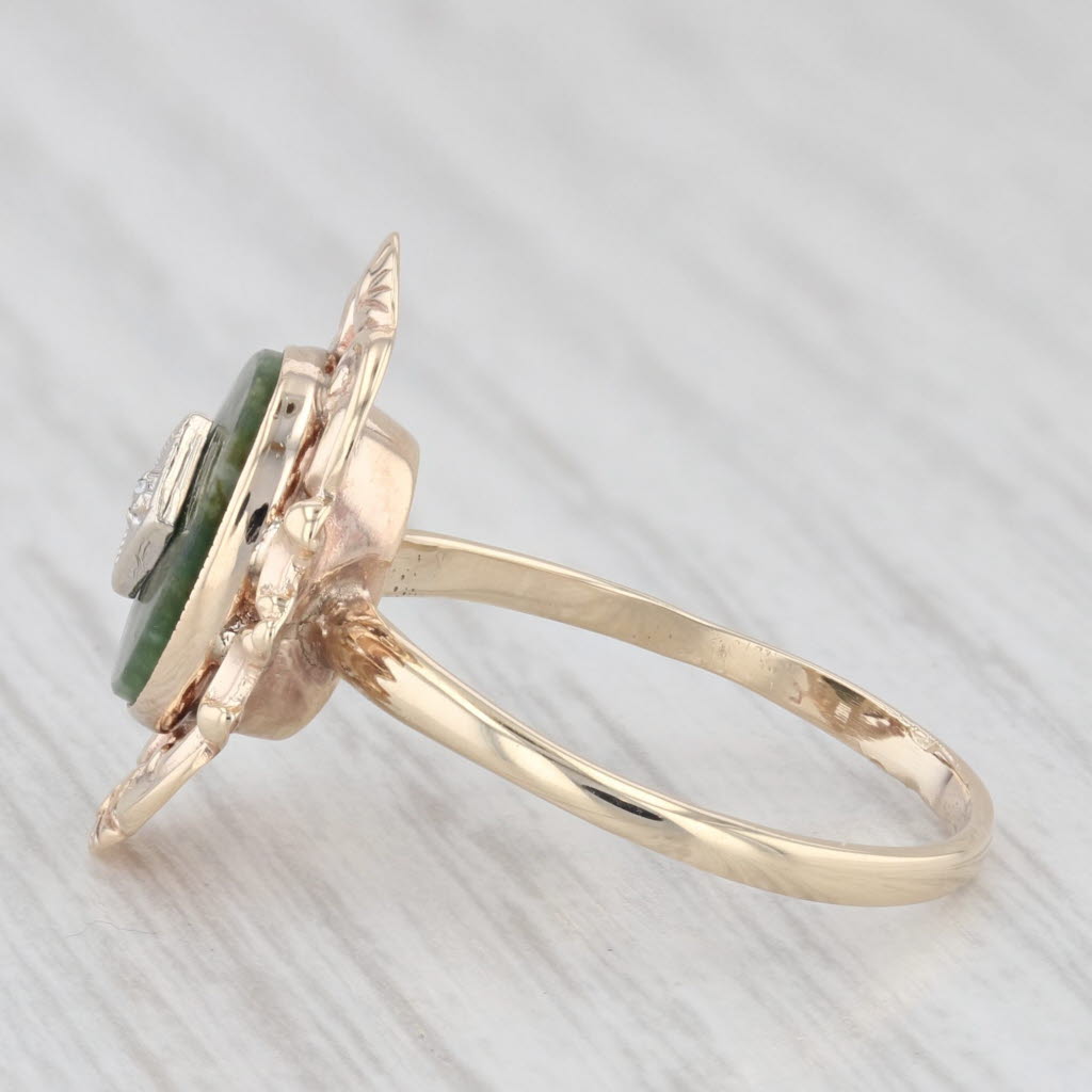 Light Gray Vintage Green Nephrite Jade Diamond Signet Ring 10k Yellow Gold Size 6