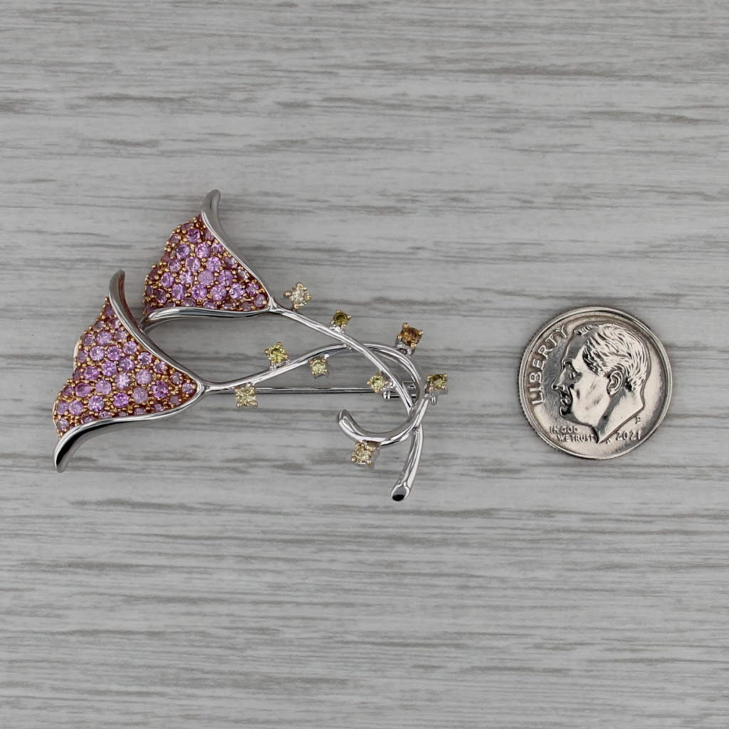 2.44ctw Pink Sapphire Yellow Diamond Lily Brooch Pendant 18k White Gold Pin