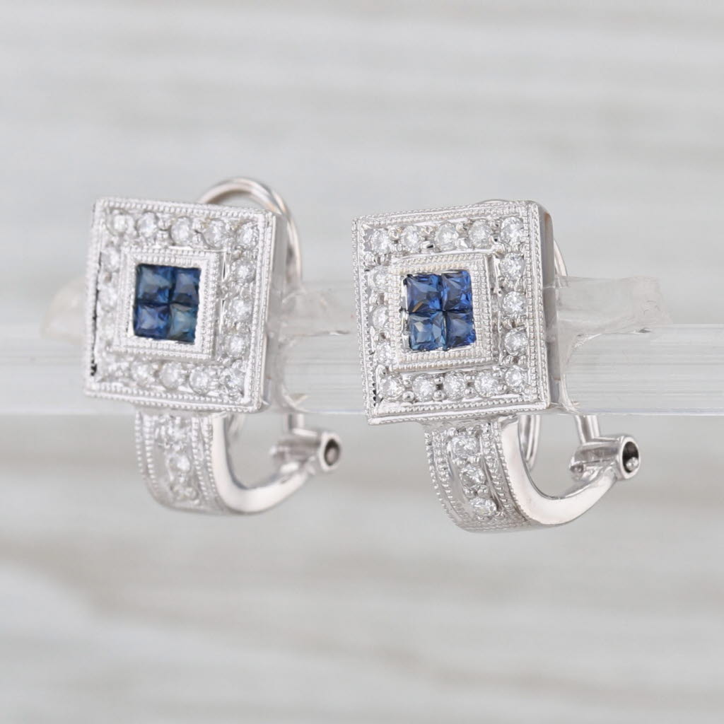 0.52ctw Blue Sapphire Diamond Halo Drop Earrings 18k White Gold Omega Backs