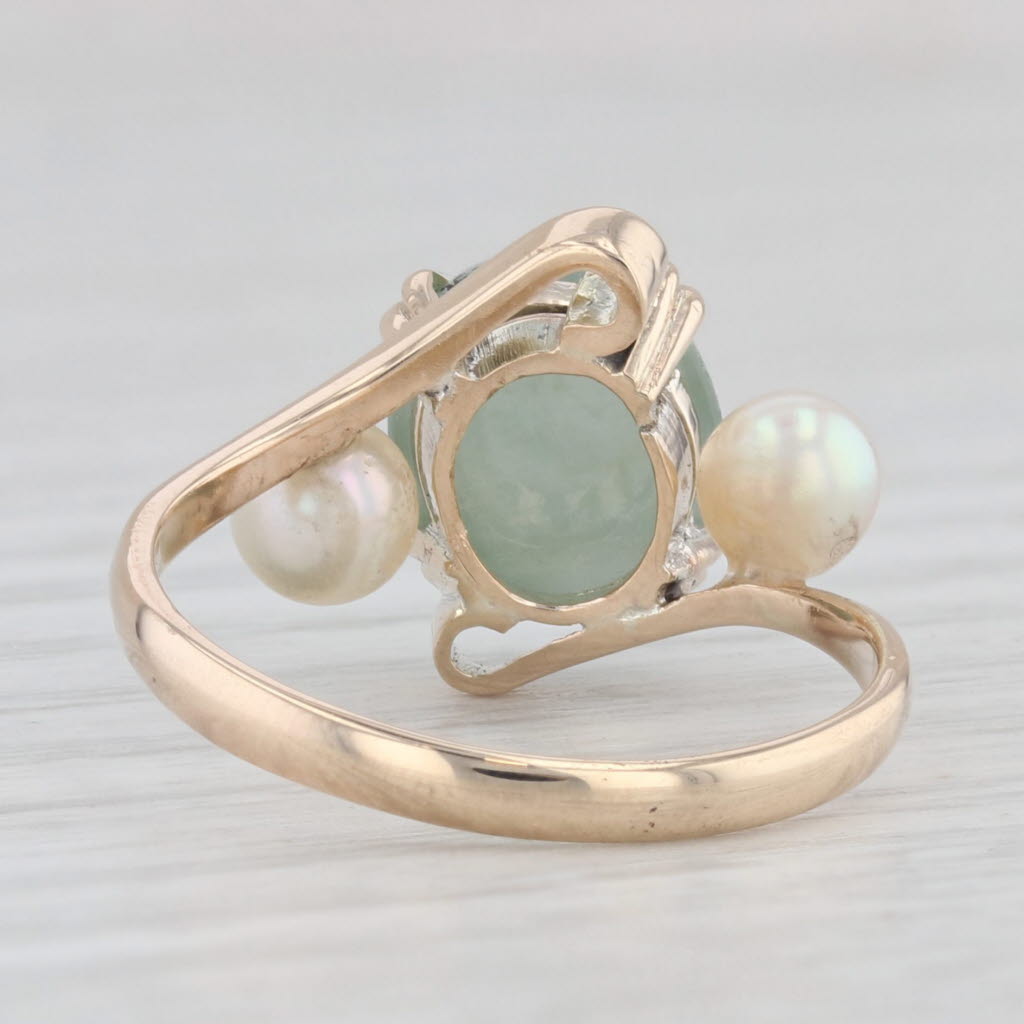 Light Gray Cultured Pearl Green Serpentine Bypass Ring 10k Yellow Gold Size 6 Vintage