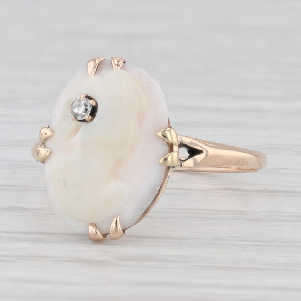 Light Gray Antique Carved Shell Cameo Diamond Ring 10k Yellow Gold Size 6.25