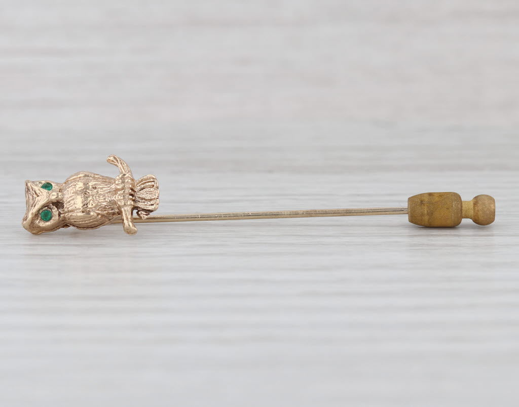 Vintage Owl Stickpin 14k Yellow Gold Emerald Eyes Pin