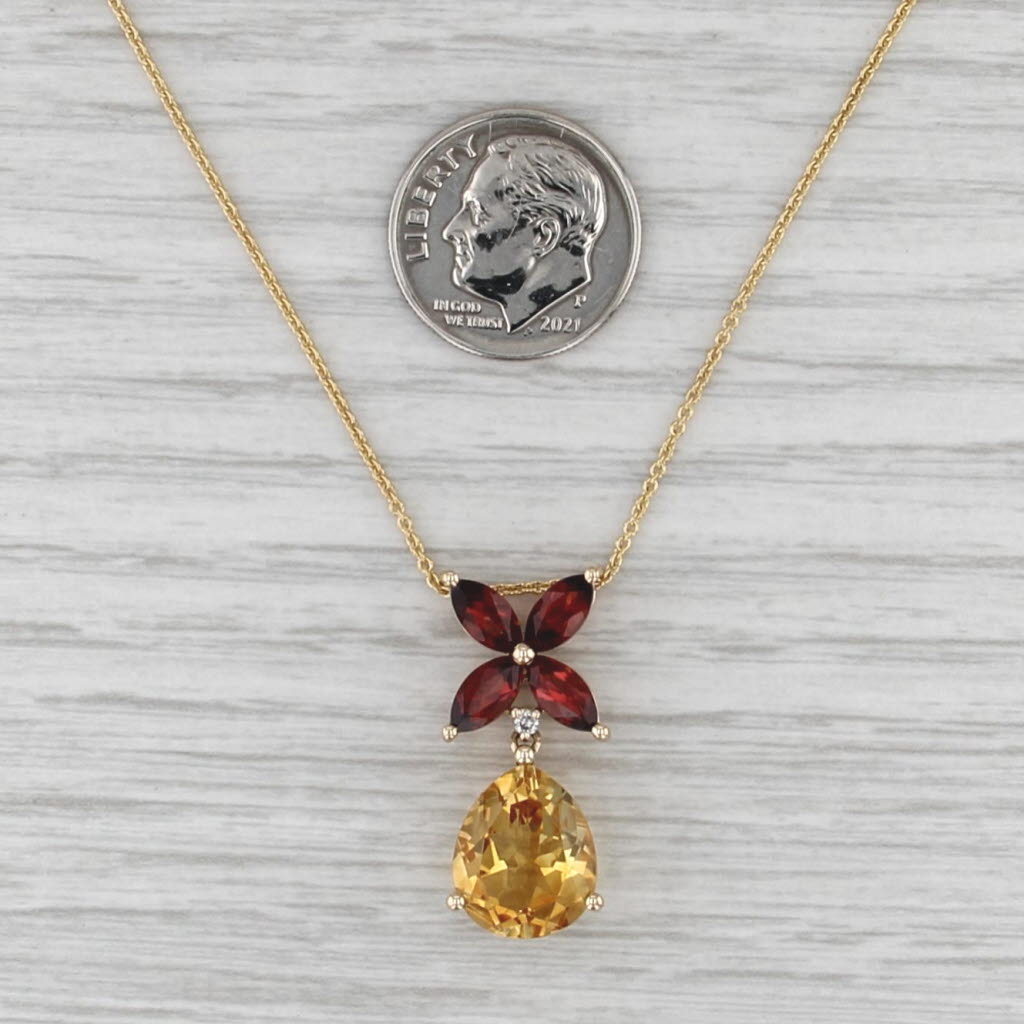 6.04ctw Garnet Flower Citrine Teardrop Pendant Necklace 14k Yellow Gold 18"