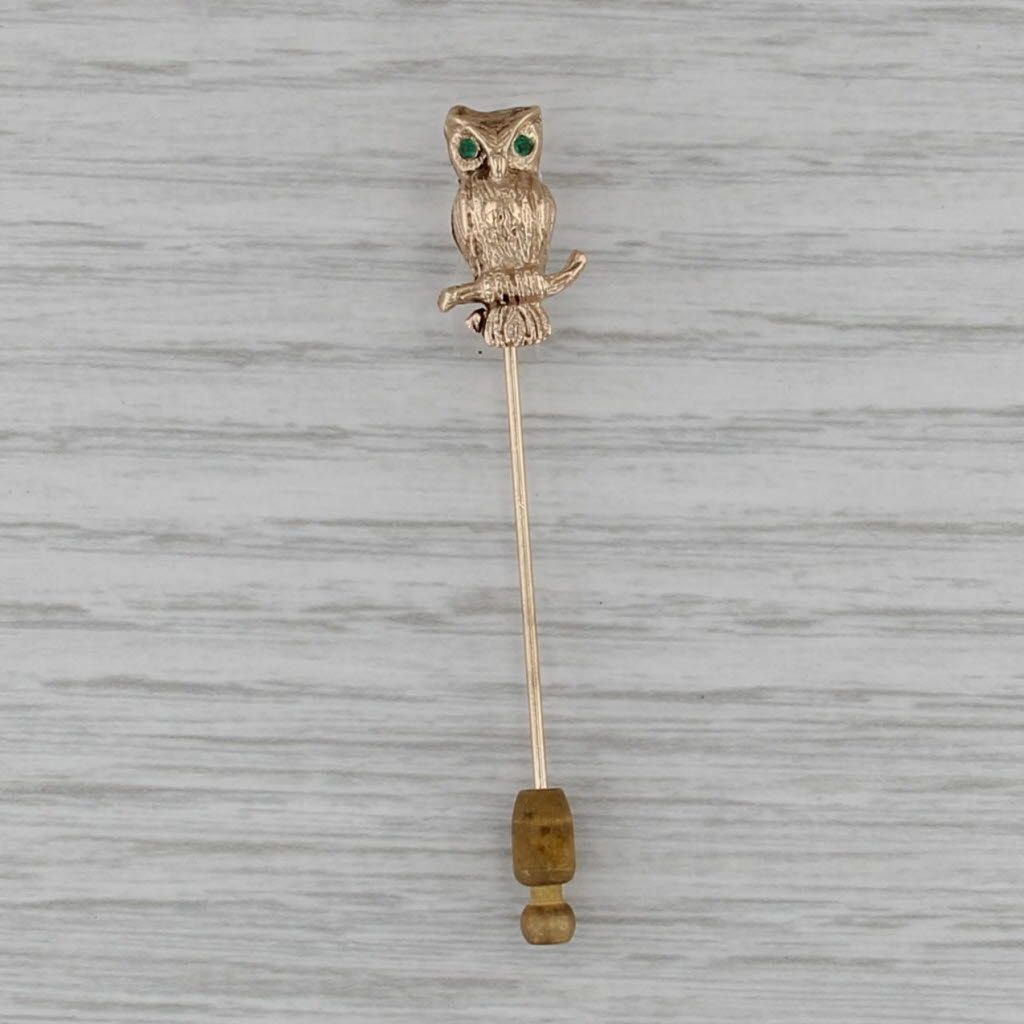 Vintage Owl Stickpin 14k Yellow Gold Emerald Eyes Pin