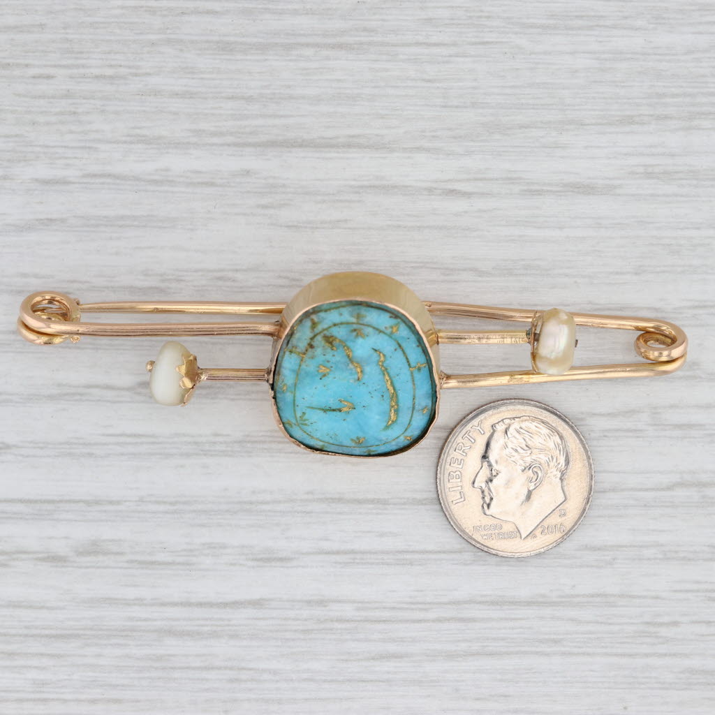 Light Gray Vintage Turquoise Pearl Mother of Pearl Brooch 18k Yellow Gold Pin