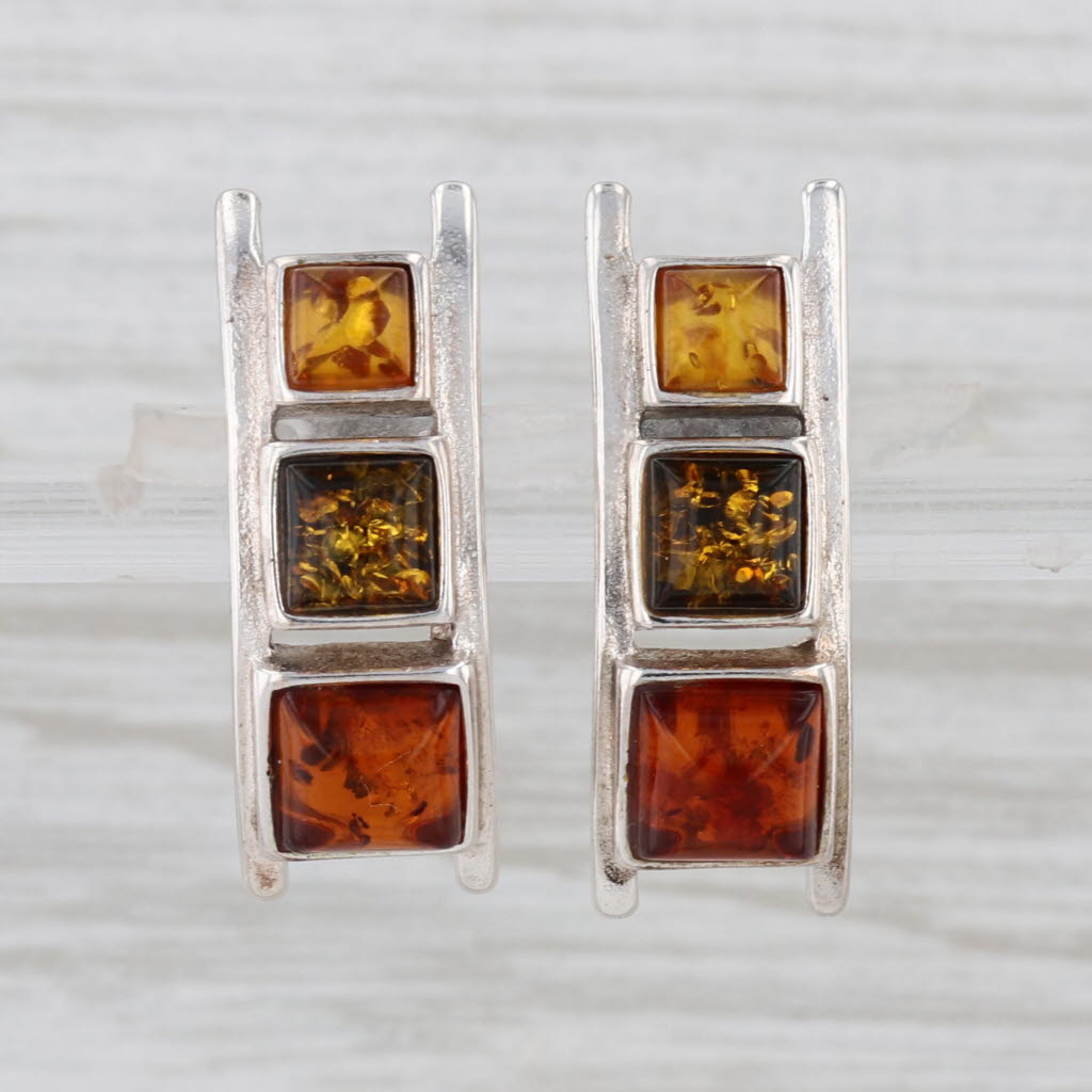 Multicolor Amber Drop Earrings Sterling Silver Butterfly Backs