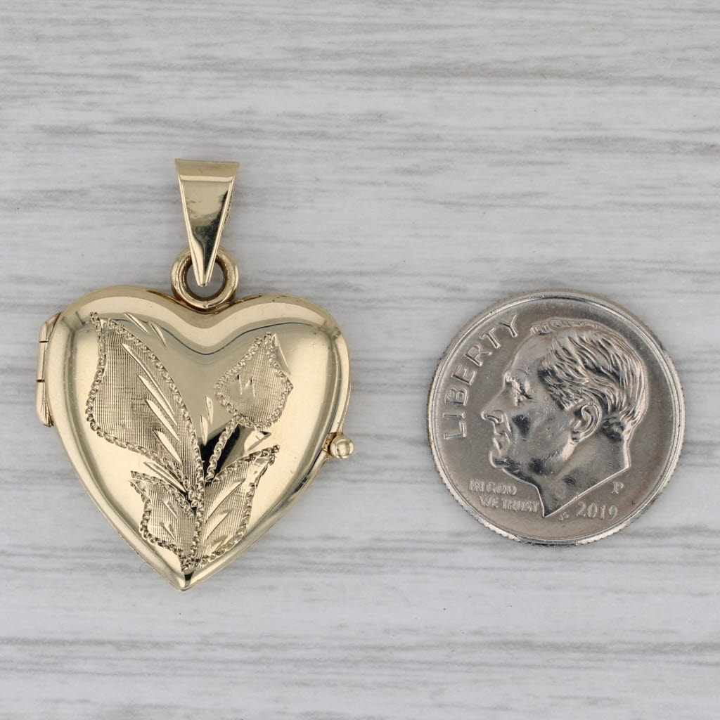 Gray Flower Engraved Heart Locket Pendant 14k Yellow Gold Engravable