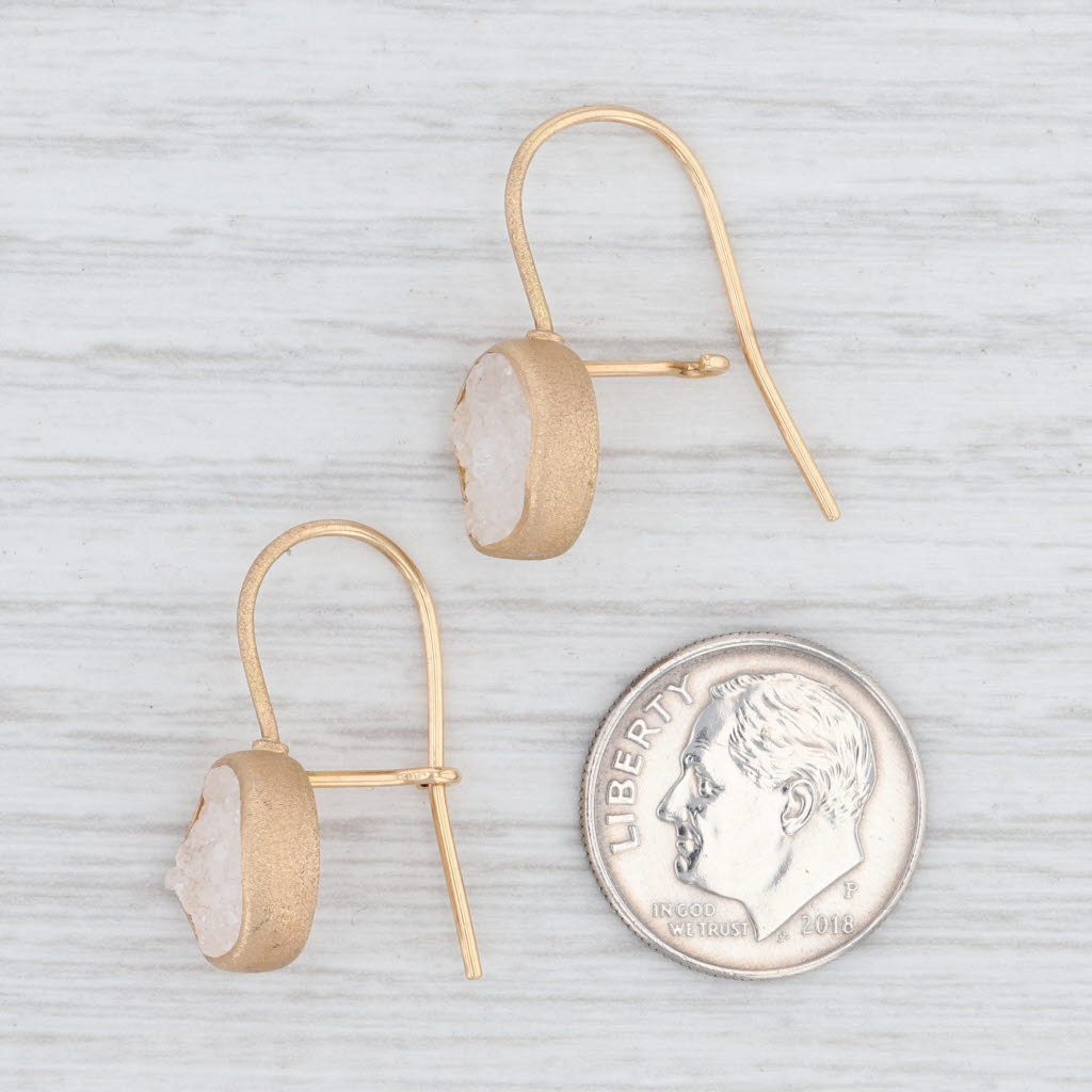 New Nina Wynn White Druzy Quartz Drop Earrings 18k Yellow Gold Hook Posts