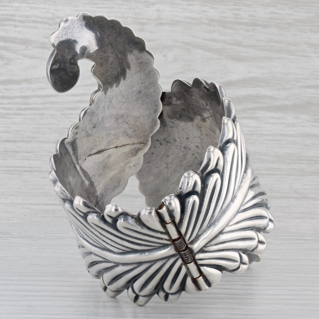 Gray Large Vintage Ornate Leaf Cuff Bracelet Sterling Silver Mexico Bypass Clamper