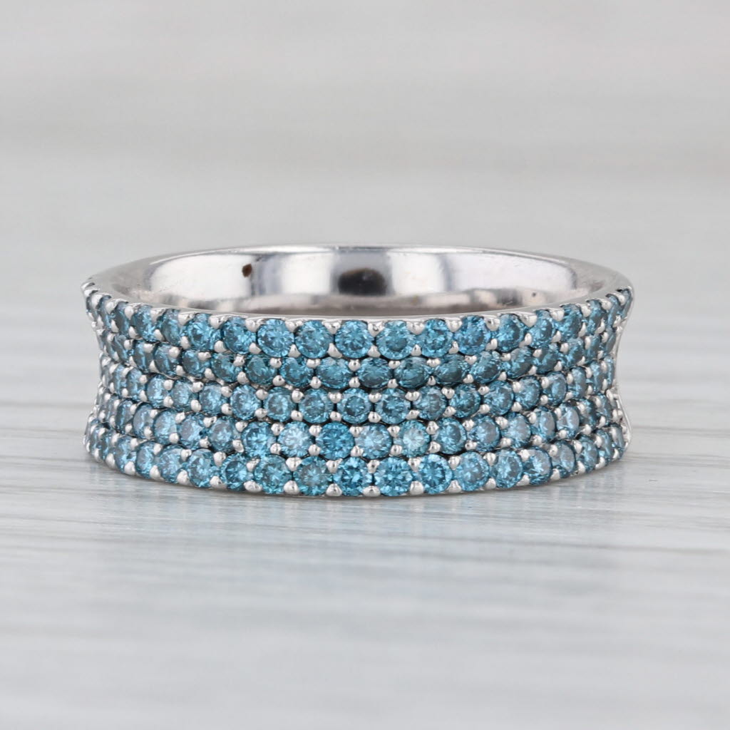 1ctw Pave Blue Diamond Concave Band 18k White Gold Size 7.25 Ring