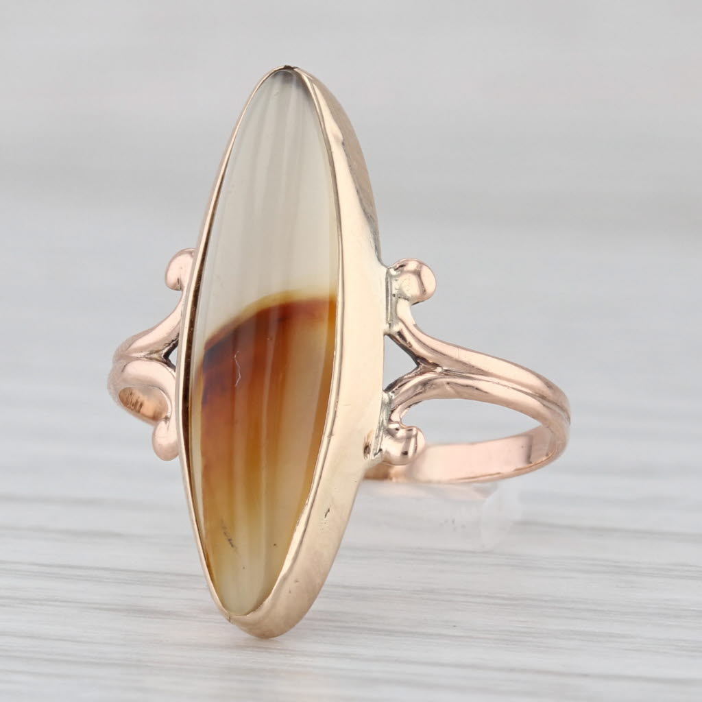 Vintage Brown White Agate Chalcedony Navette Cabochon Ring 10k Rose Gold Size 7